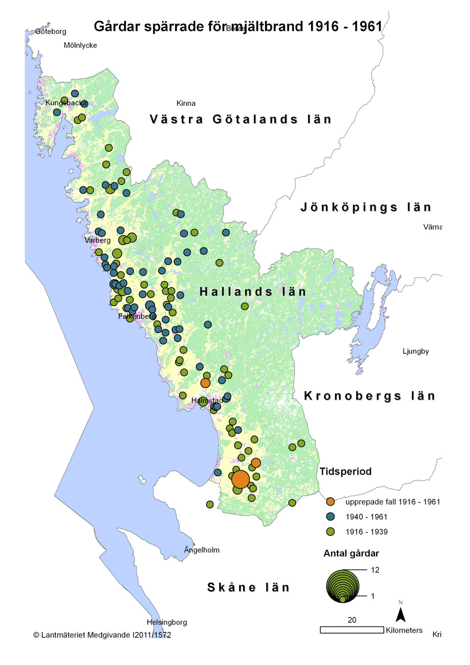 Mjältbrand 1916-1961 Hallands län