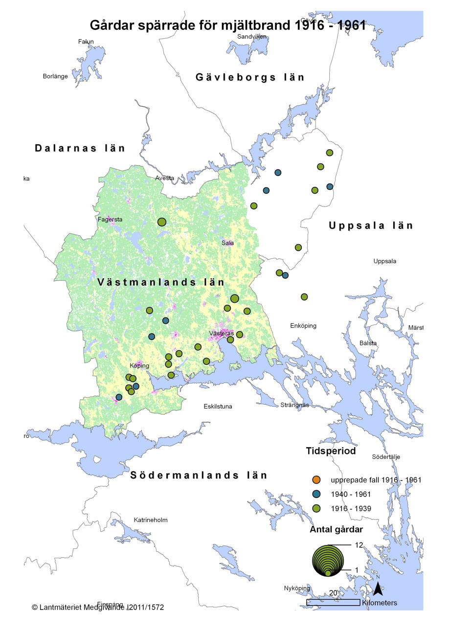 Mjältbrand 1916-1961 Västmanlands län