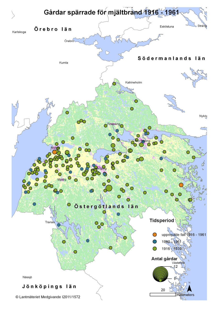 Mjältbrand 1916-1961 Östergötlands län