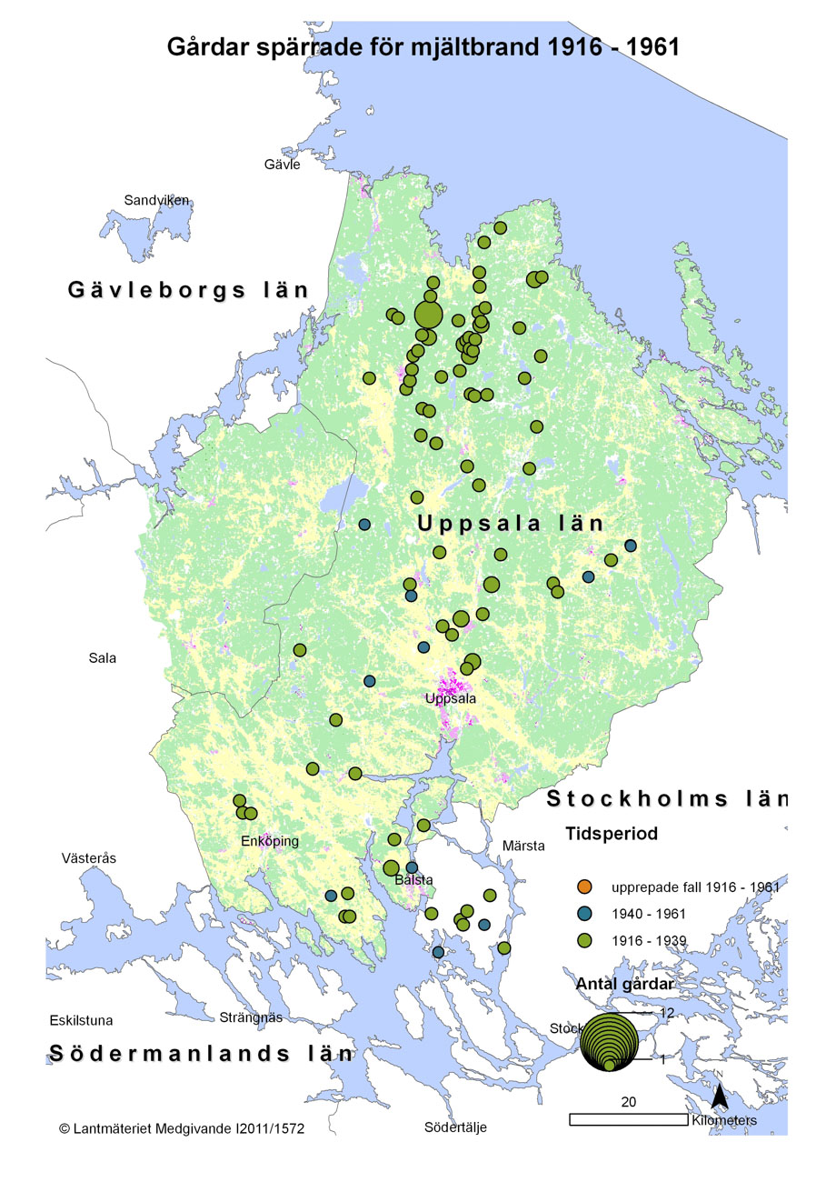 Mjältbrand 1916-1961 Uppsala län