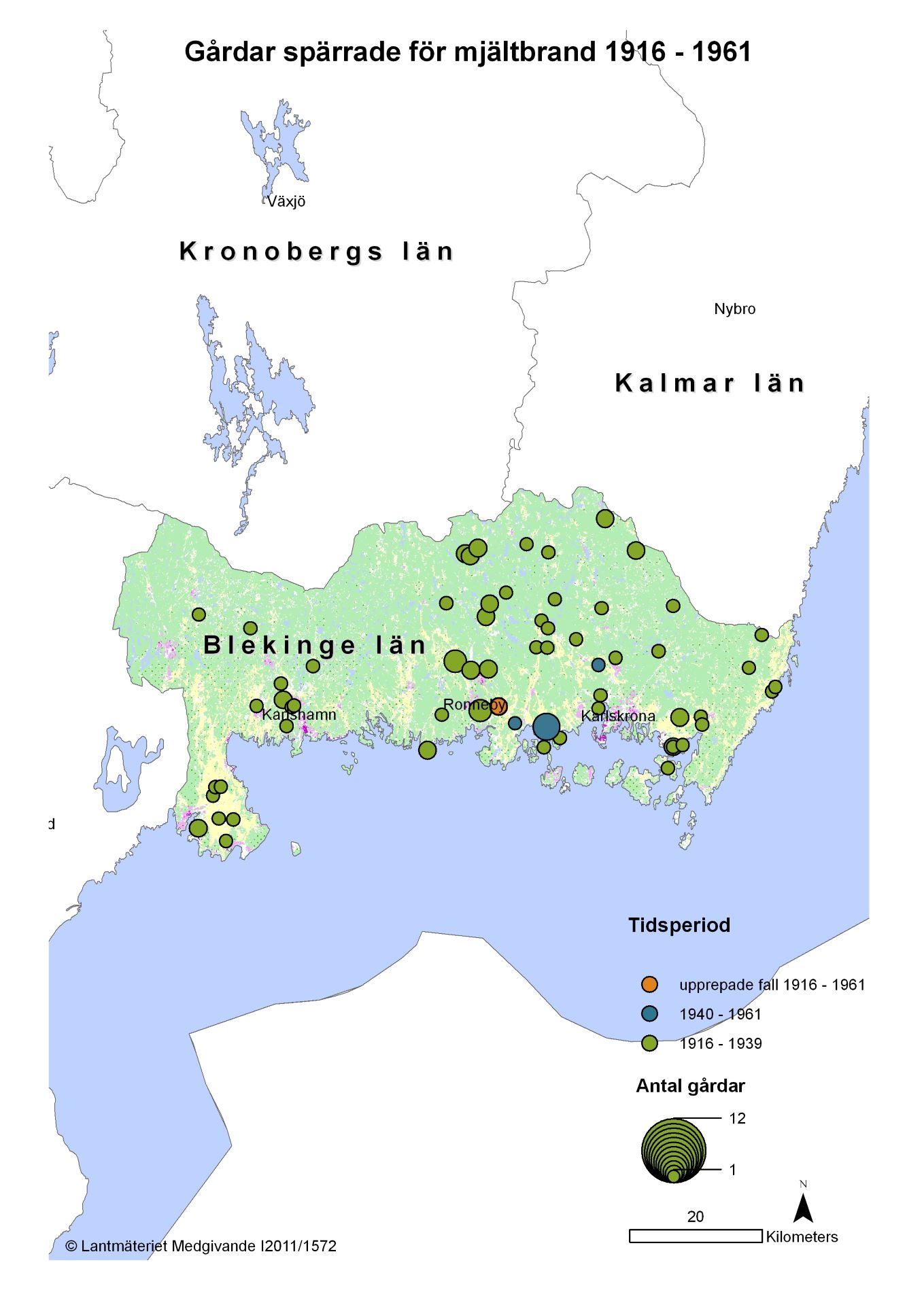 Mjältbrand 1916-1961 Blekinge län