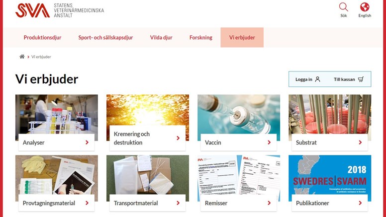 Skärmdump som visar SVA:s webbplats och vilka tjänster som erbjuds.