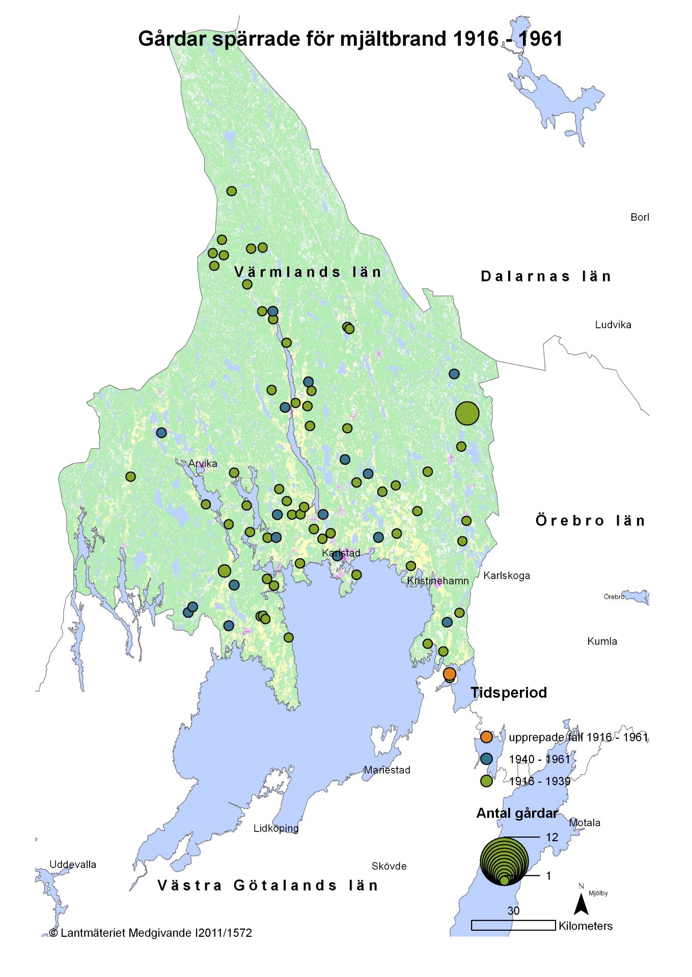 Mjältbrand 1916-1961 Värmlands län