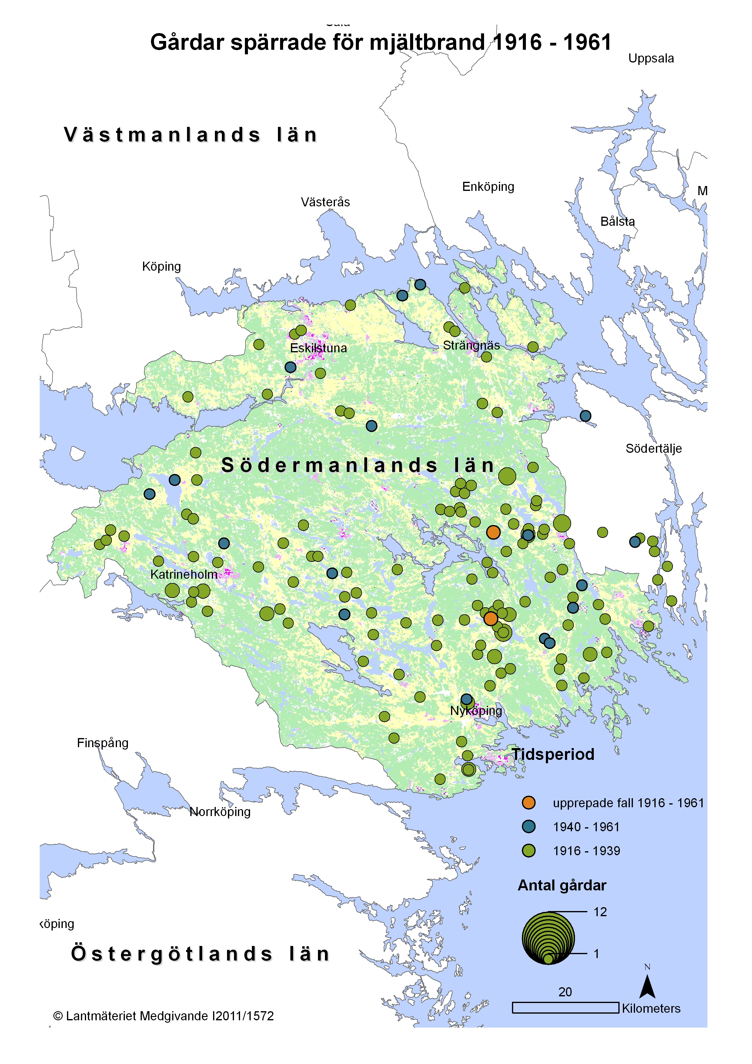 Mjältbrand 1916-1961 Södermanlands län