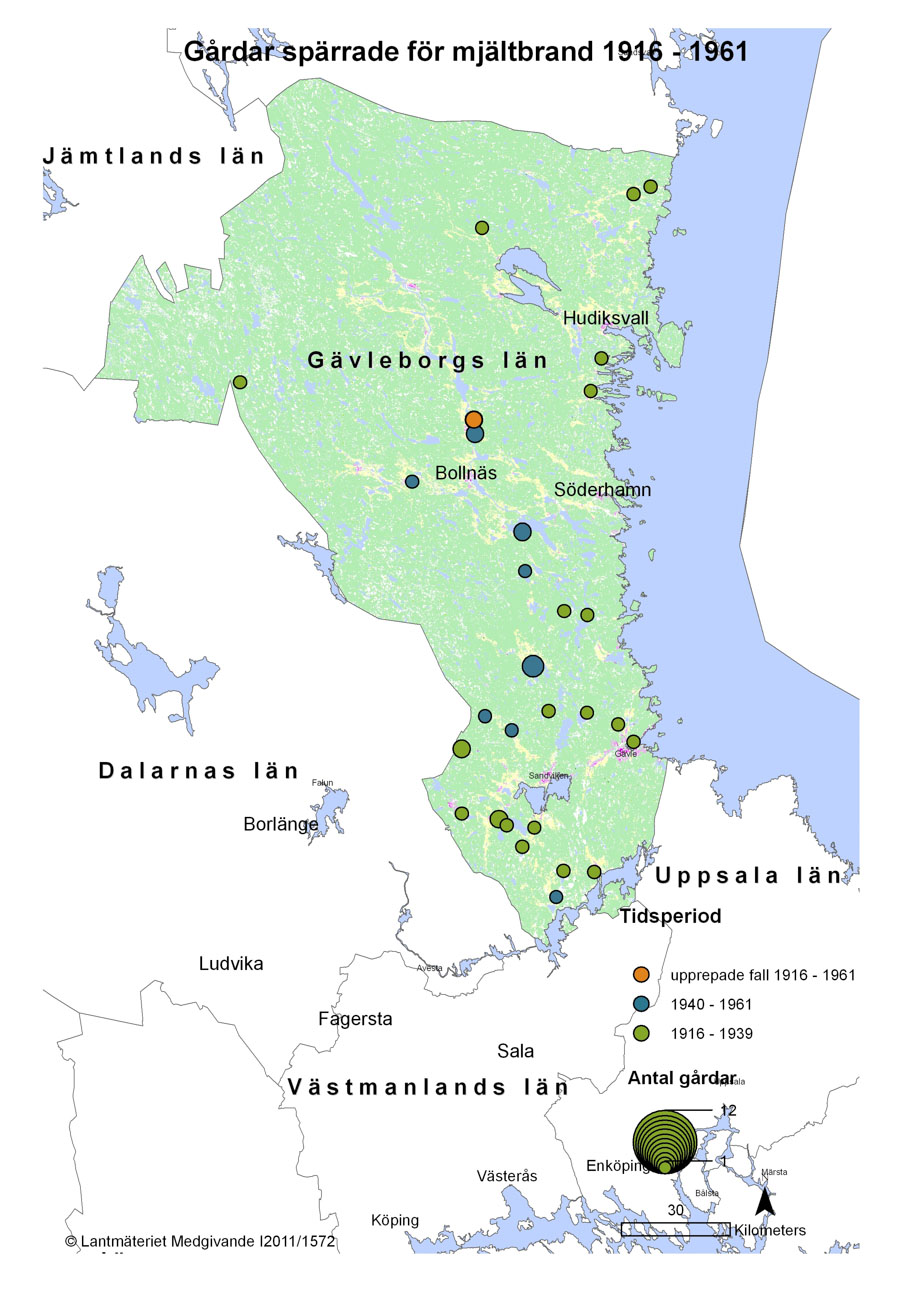 Mjältbrand 1916-1961 Gävleborgs län