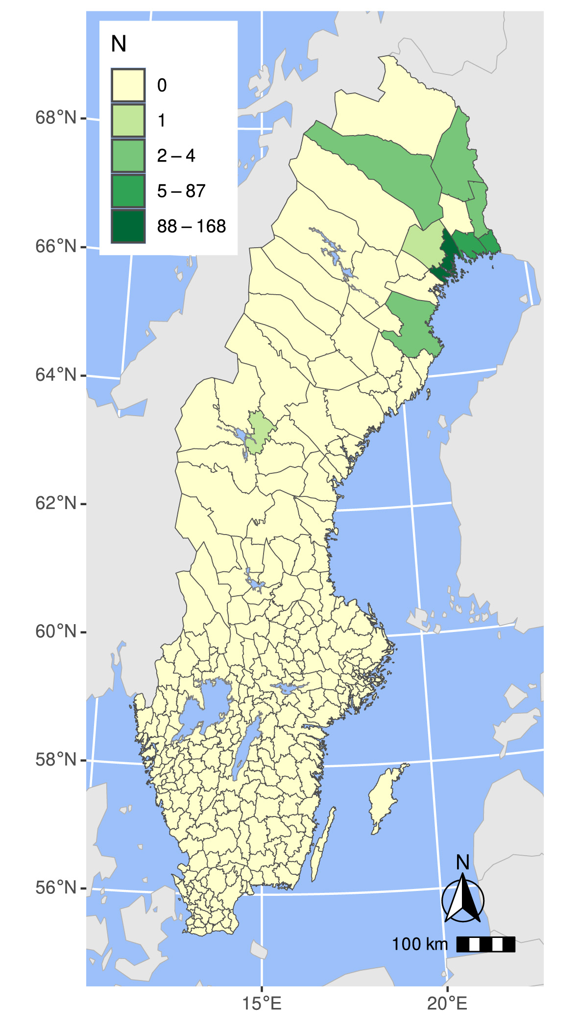 Karta över antalet insamlade tajgafästingar via Rapportera Fästing under 2024.