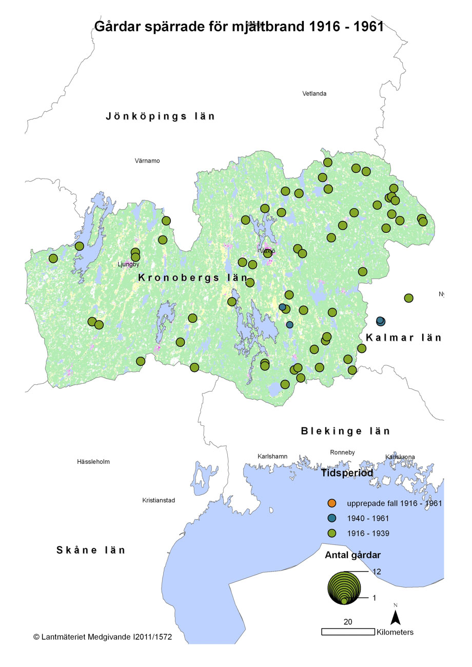 Mjältbrand 1916-1961 Kronobergs län