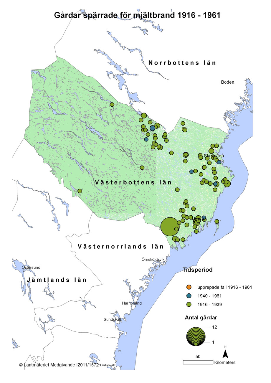 Mjältbrand 1916-1961 Västerbottens län