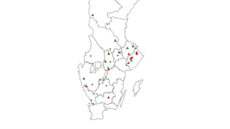 Rapporterade fall av småfågeldöd januari-14 mars (grön ring)

Påvisade salmonellasmittade fåglar januari-14 mars (röd trangel)