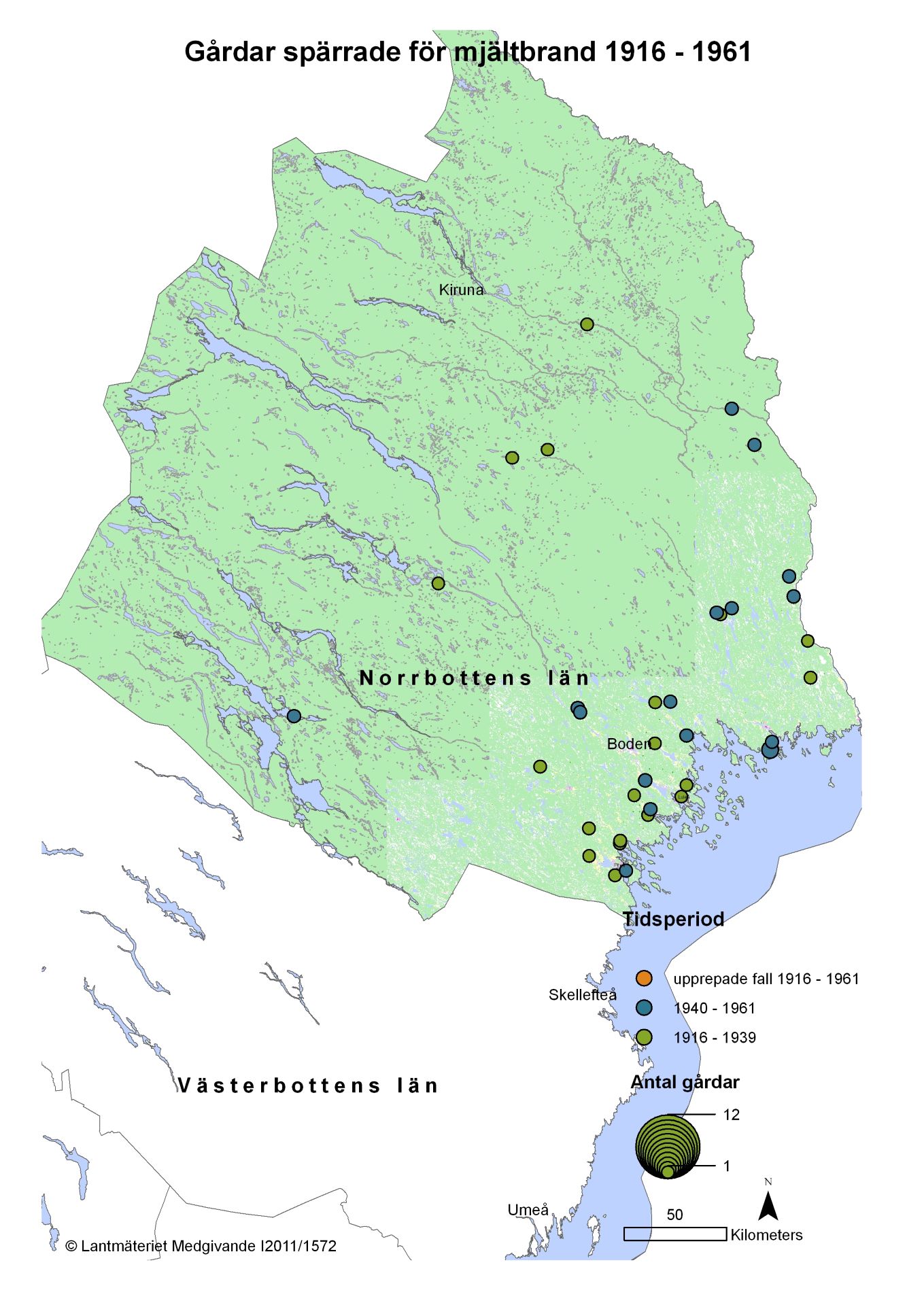 Mjältbrand 1916-1961 Norrbottens län