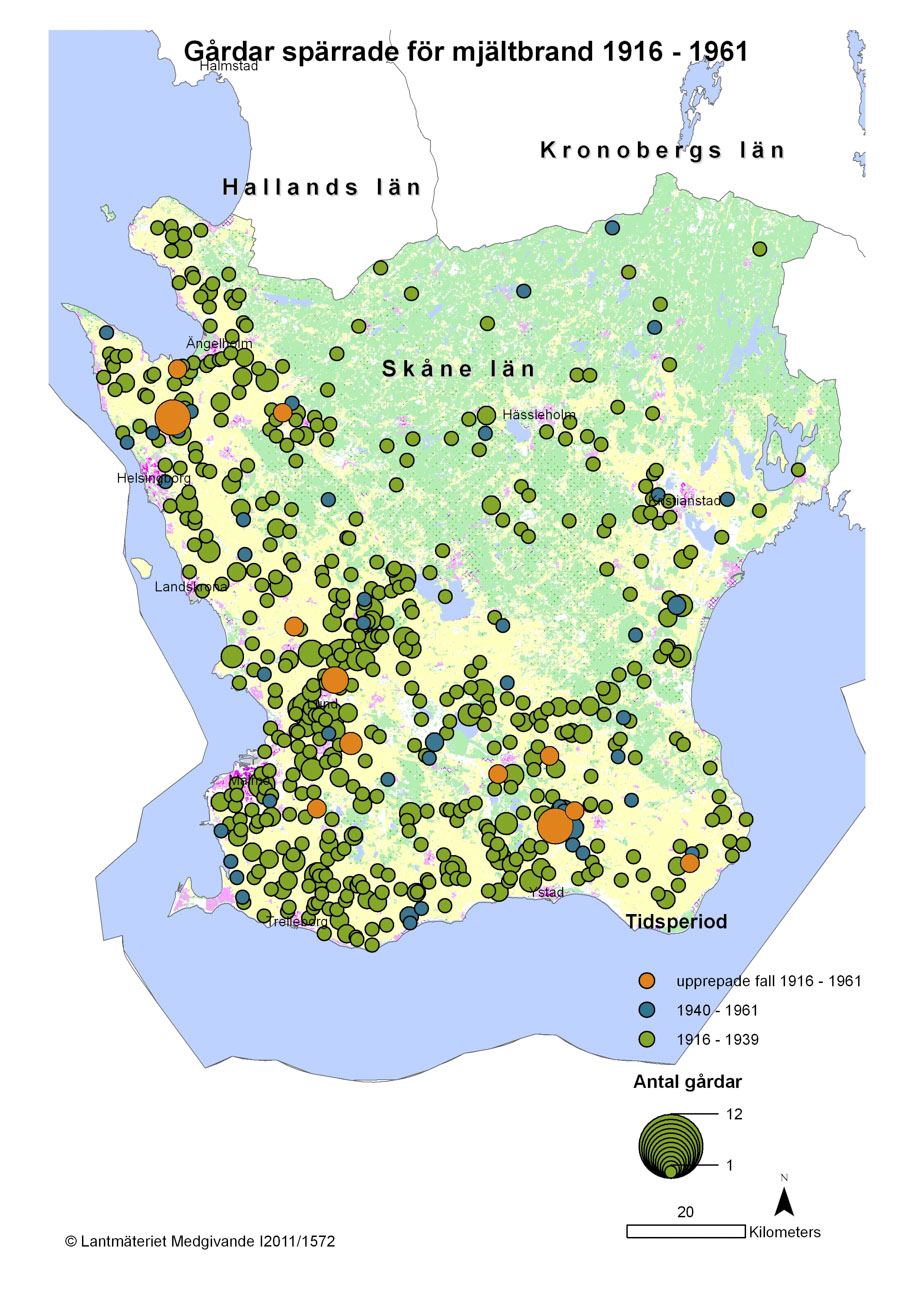 Mjältbrand 1916-1961 Skåne län