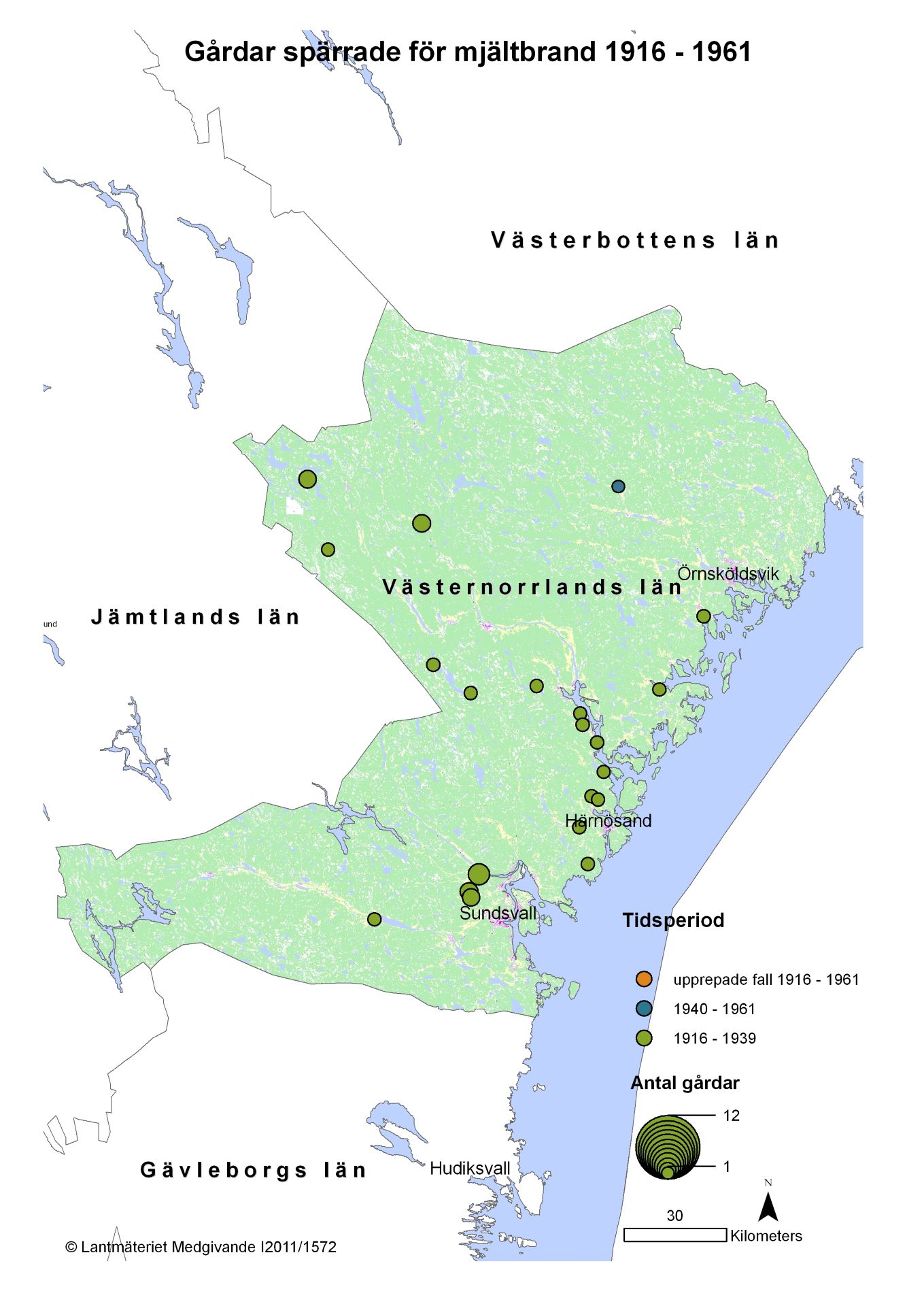 Mjältbrand 1916-1961 Västernorrlands län