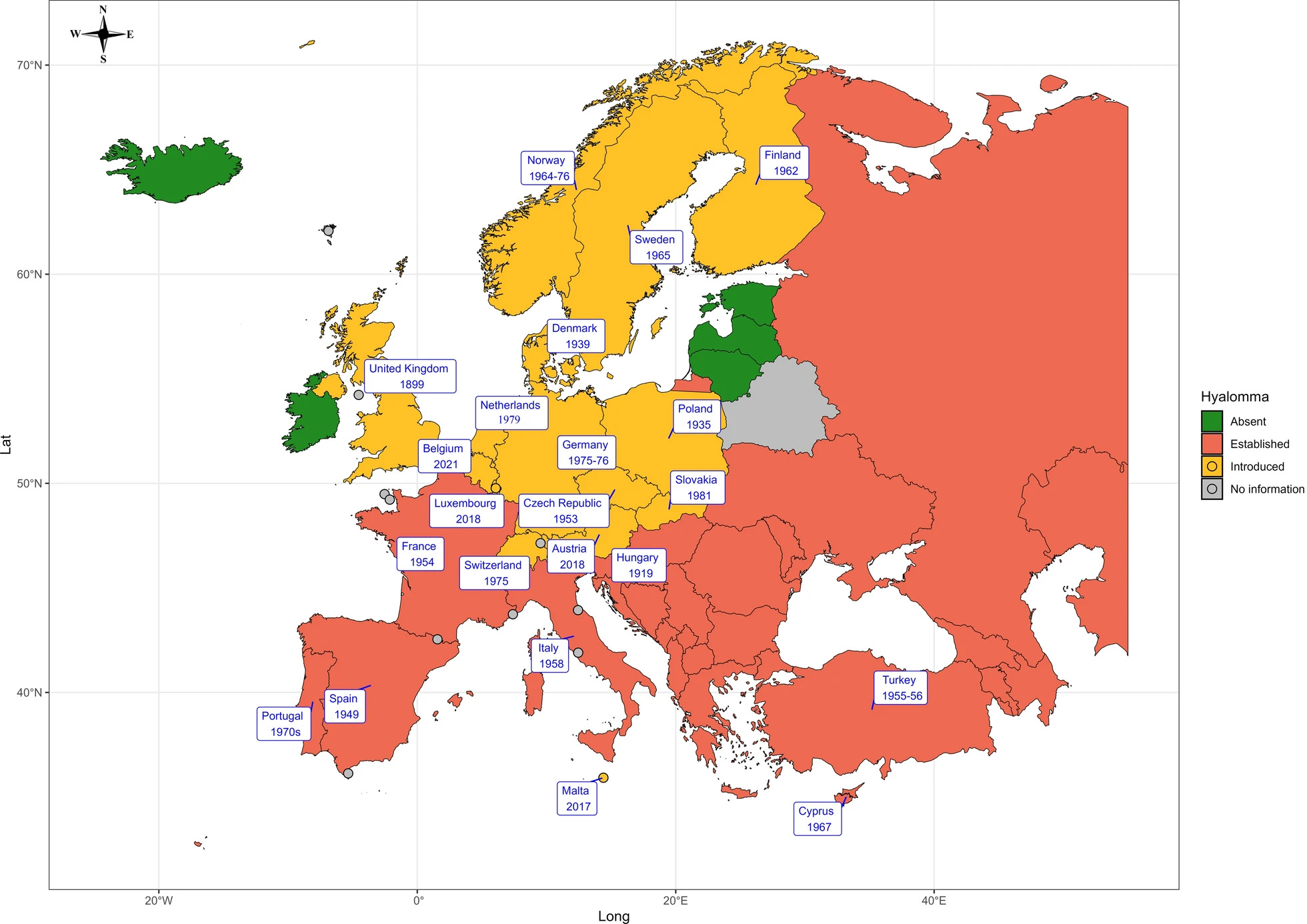 Europakarta där olika färger på länderna visar var flyttfågelfästingen har hittats eller är etablerad.